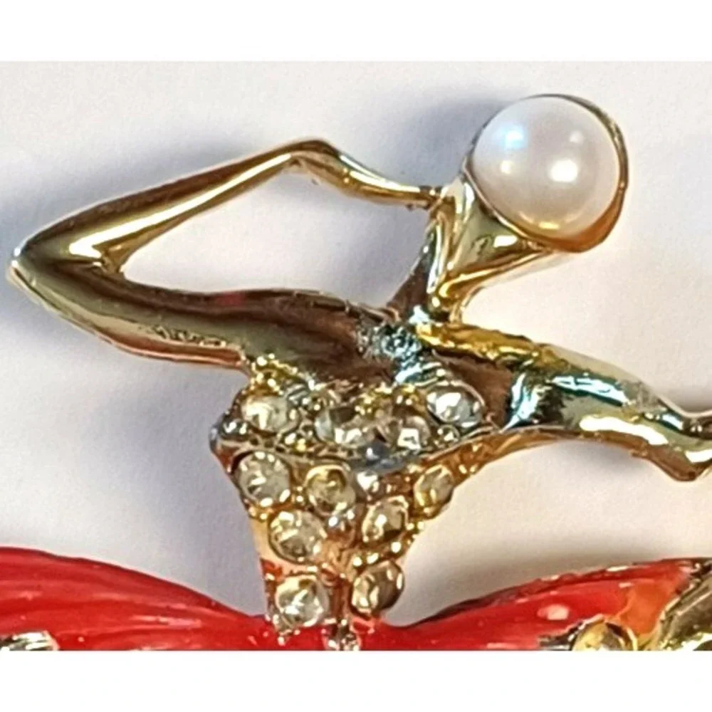 Ballerina Dancer Brooch Pin Gold Tone Red Enamel Rhinestone Faux Pearl Accent